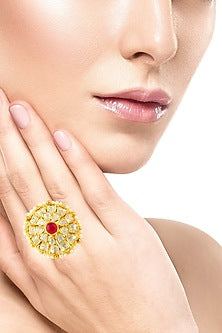 Gold Finish Ruby & Kundan Ring In Sterling Silver