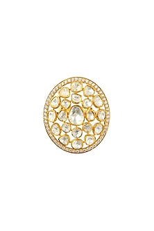 Gold Finish Adjustable Kundan Ring In Sterling Silver