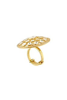 Gold Finish Adjustable Kundan Ring In Sterling Silver