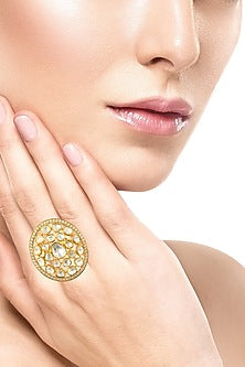 Gold Finish Adjustable Kundan Ring In Sterling Silver