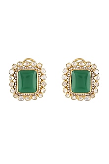 Gold Finish Green Semi-Precious Stone Stud Earrings In Sterling Silver