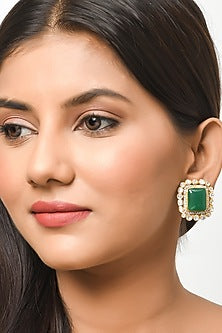 Gold Finish Green Semi-Precious Stone Stud Earrings In Sterling Silver