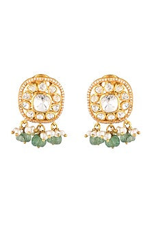 Gold Finish Kundan Polki & Semi-Precious Stone Stud Earrings In Sterling Silver