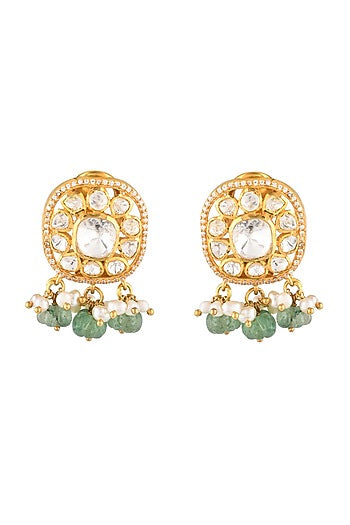 Gold Finish Kundan Polki & Semi-Precious Stone Stud Earrings In Sterling Silver