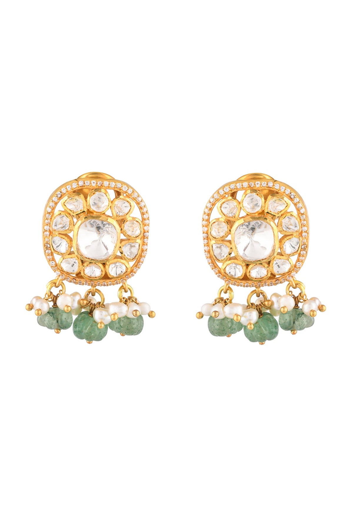Gold Finish Kundan Polki & Semi-Precious Stone Stud Earrings In Sterling Silver