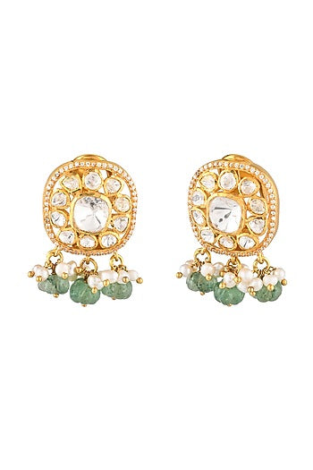 Gold Finish Kundan Polki & Semi-Precious Stone Stud Earrings In Sterling Silver