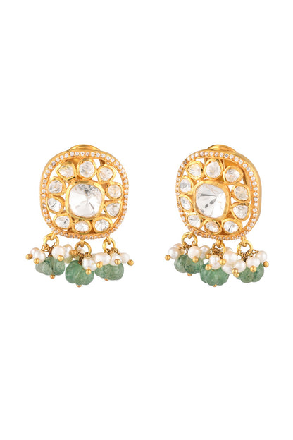 Gold Finish Kundan Polki & Semi-Precious Stone Stud Earrings In Sterling Silver