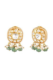 Gold Finish Kundan Polki & Semi-Precious Stone Stud Earrings In Sterling Silver