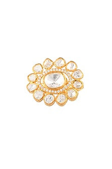 Gold Finish Kundan Polki & Semi-Precious Stone Ring In Sterling Silver