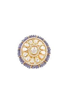 Gold Finish Kundan Polki & Semi-Precious Stone Ring In Sterling Silver