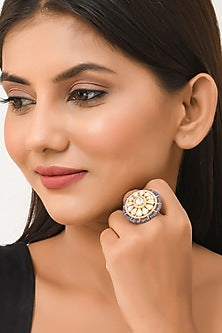 Gold Finish Kundan Polki & Semi-Precious Stone Ring In Sterling Silver