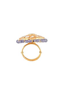 Gold Finish Kundan Polki & Semi-Precious Stone Ring In Sterling Silver