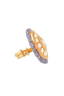Gold Finish Kundan Polki & Semi-Precious Stone Ring In Sterling Silver