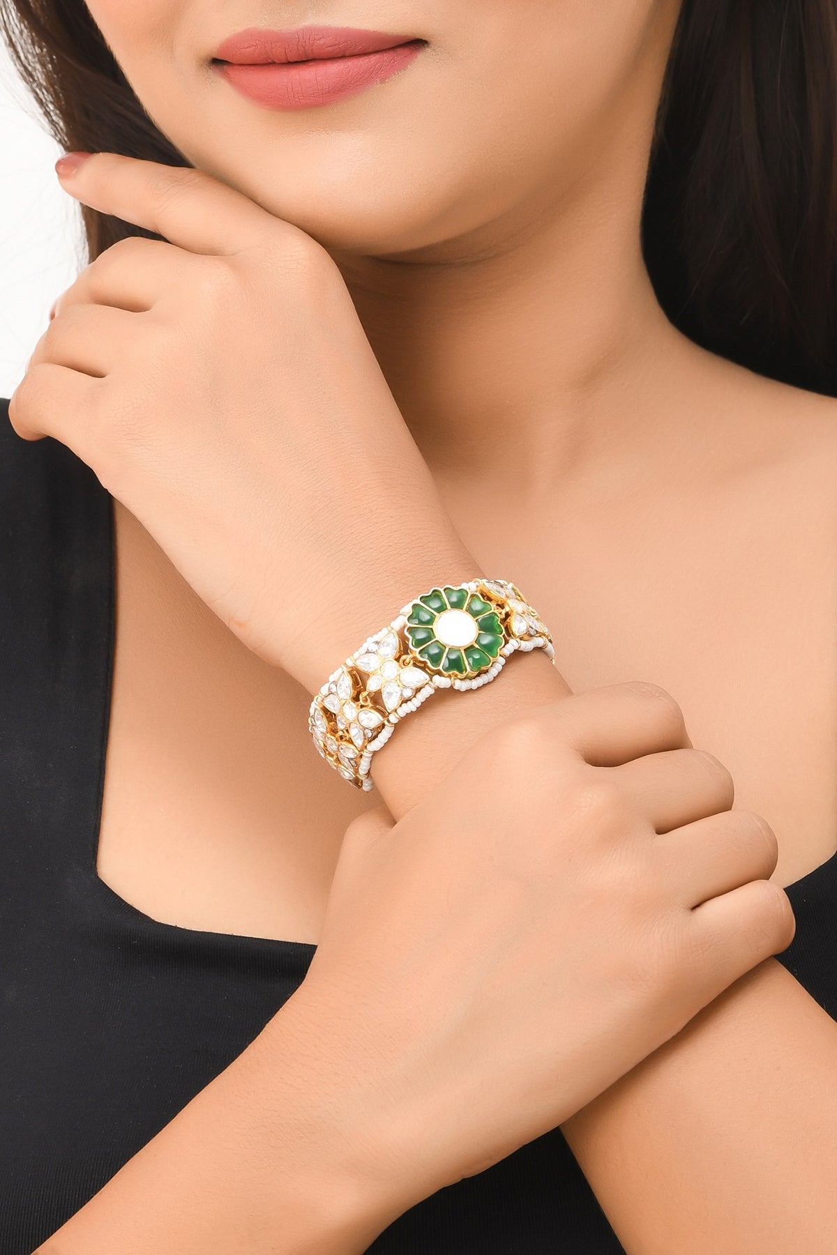 Gold Finish Green Semi-Precious Stone Bracelet In Sterling Silver