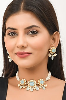 Gold Finish Synthetic Stones Choker Necklace Set In Sterling Silver