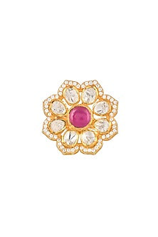 Gold Finish Kundan Polki Ring In Sterling Silver
