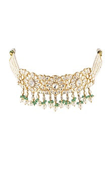 Gold Finish Semi-Precious Emerald Stones Choker Necklace Set In Sterling Silver