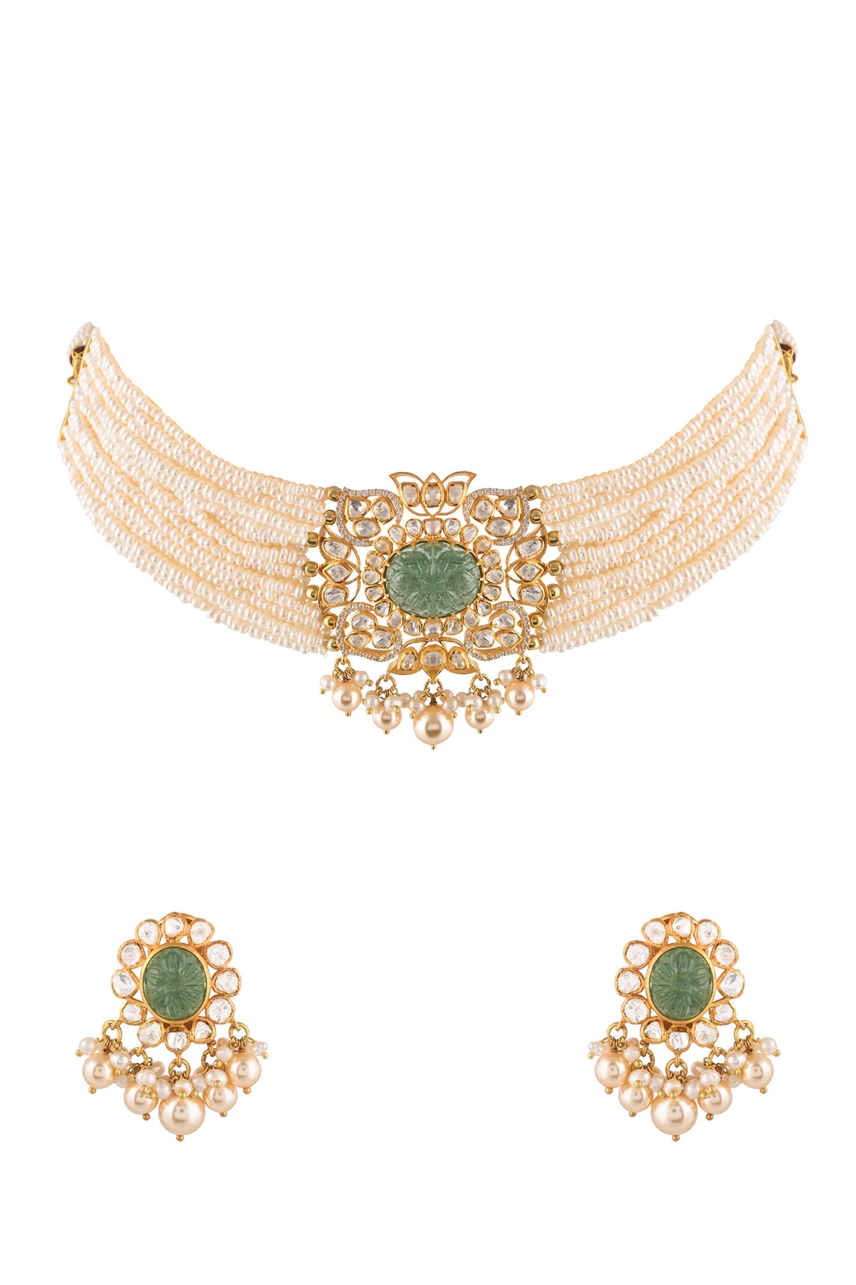 Gold Finish Kundan Polki Choker Necklace Set In Sterling Silver