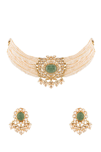 Gold Finish Kundan Polki Choker Necklace Set In Sterling Silver