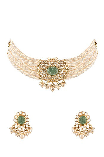 Gold Finish Kundan Polki Choker Necklace Set In Sterling Silver