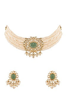 Gold Finish Kundan Polki Choker Necklace Set In Sterling Silver
