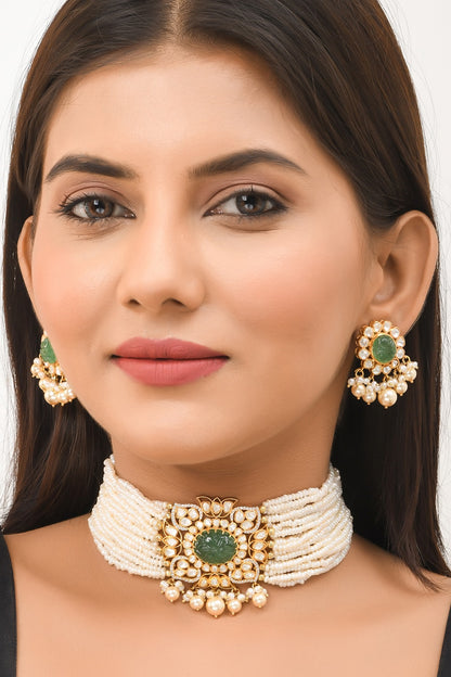 Gold Finish Kundan Polki Choker Necklace Set In Sterling Silver