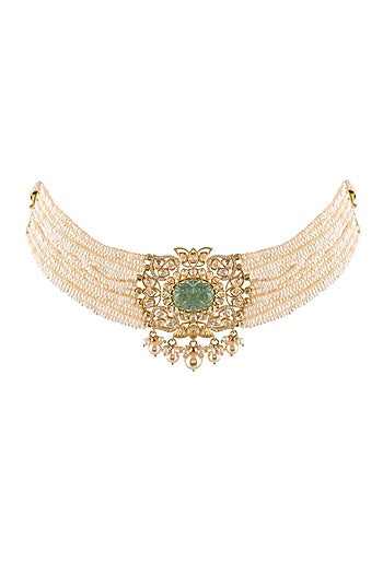 Gold Finish Kundan Polki Choker Necklace Set In Sterling Silver