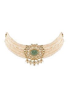 Gold Finish Kundan Polki Choker Necklace Set In Sterling Silver