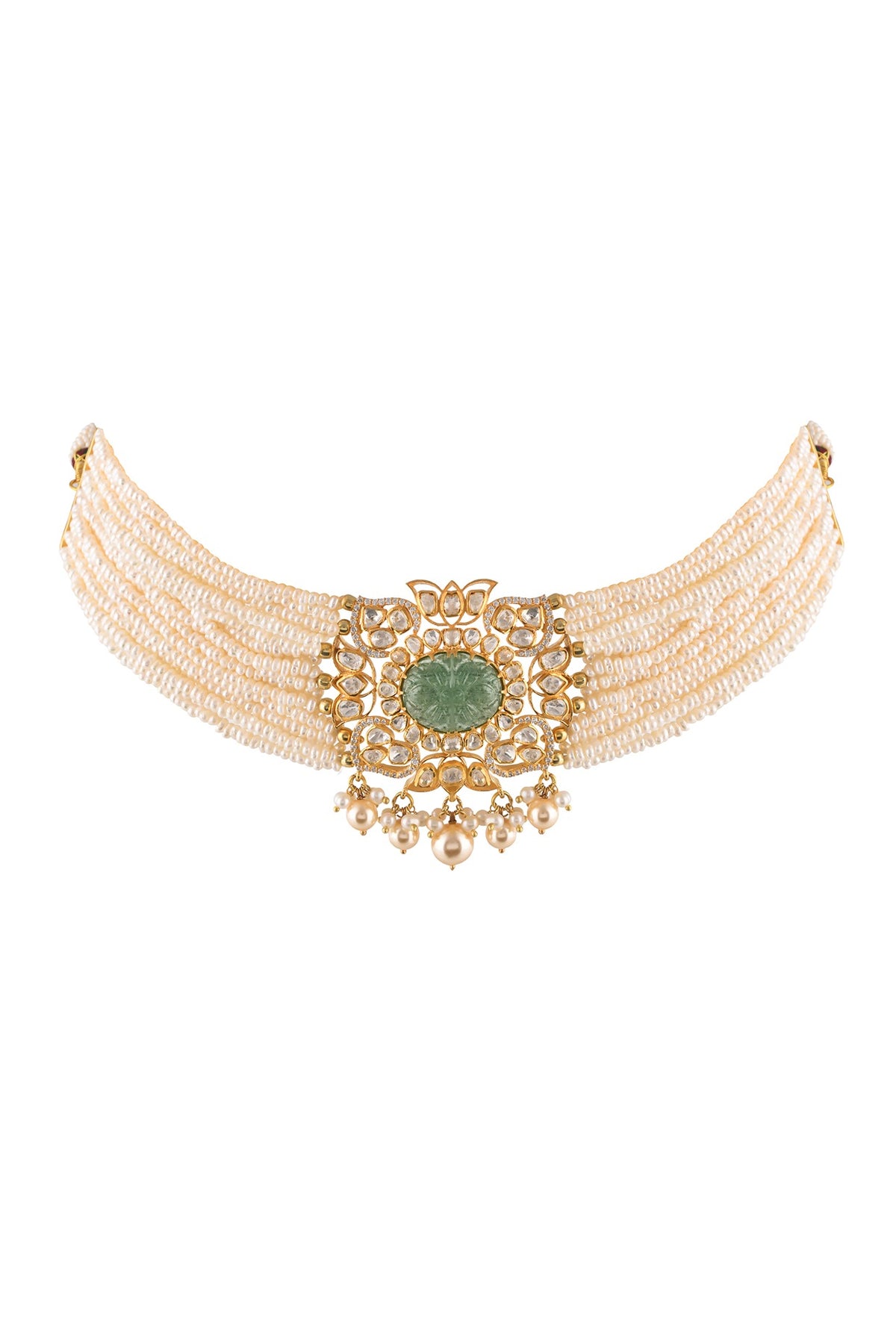 Gold Finish Kundan Polki Choker Necklace Set In Sterling Silver