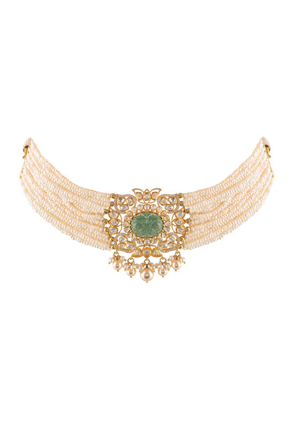 Gold Finish Kundan Polki Choker Necklace Set In Sterling Silver