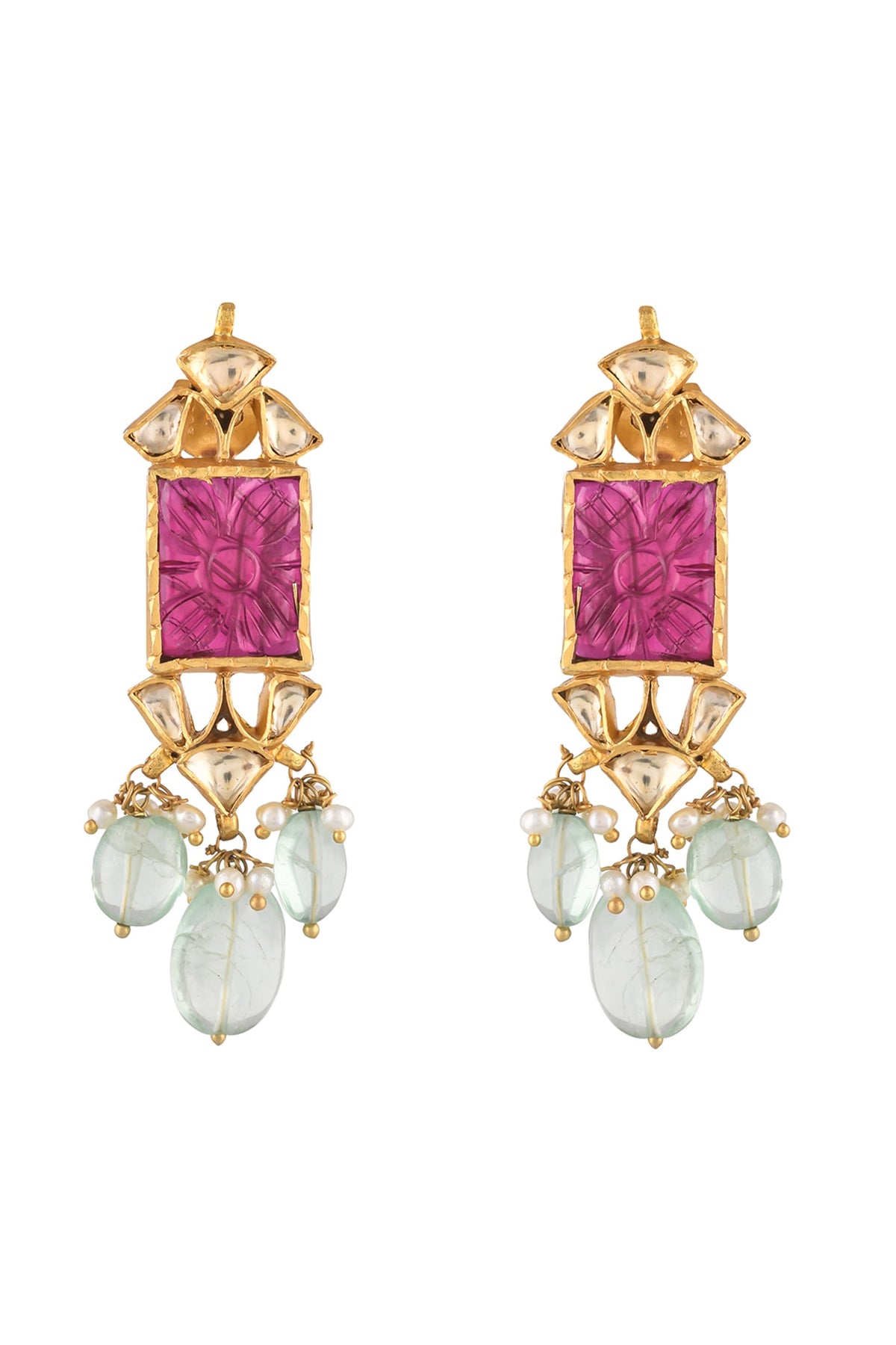 Gold Finish Kundan Polki Dangler Earrings In Sterling Silver