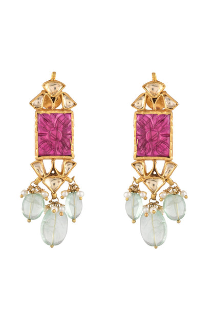 Gold Finish Kundan Polki Dangler Earrings In Sterling Silver