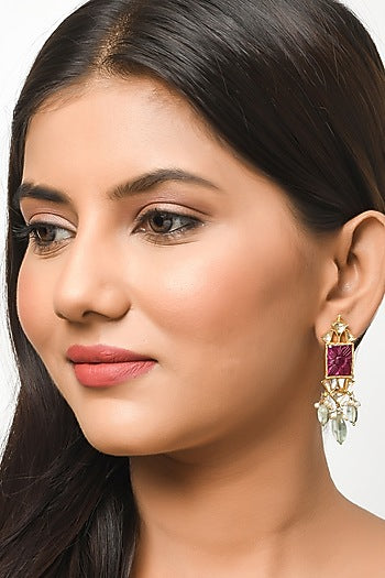 Gold Finish Kundan Polki Dangler Earrings In Sterling Silver