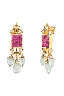 Gold Finish Kundan Polki Dangler Earrings In Sterling Silver