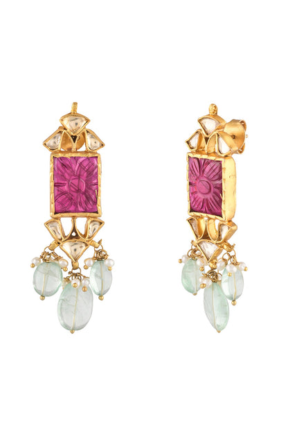 Gold Finish Kundan Polki Dangler Earrings In Sterling Silver