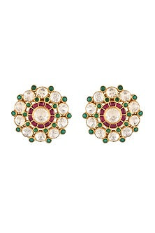 Gold Finish Kundan Polki Stud Earrings In Sterling Silver