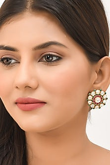 Gold Finish Kundan Polki Stud Earrings In Sterling Silver
