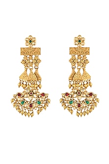 Gold Finish Kundan Polki Chandbali Earrings In Sterling Silver