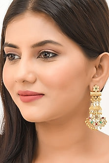 Gold Finish Kundan Polki Chandbali Earrings In Sterling Silver