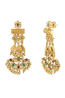 Gold Finish Kundan Polki Chandbali Earrings In Sterling Silver