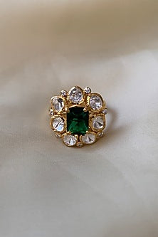 Gold Plated Green Semi-Precious Stone & Moissanite Polki Ring In Sterling Silver
