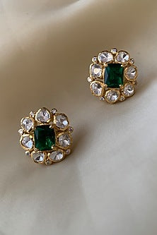 Gold Plated Green Semi-Precious Stone & Moissanite Polki Stud Earrings In Sterling Silver