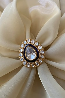 Gold Plated Blue Semi-Precious Stone & Moissanite Polki Ring In Sterling Silver