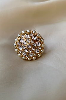 Gold Plated Semi-Precious Stone & Moissanite Polki Ring In Sterling Silver