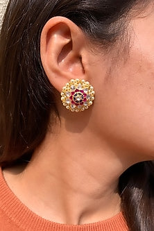 Gold Plated Semi-Precious Stone & Moissanite Polki Stud Earrings In Sterling Silver