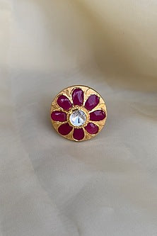 Gold Plated Pink Semi-Precious Stone & Moissanite Polki Ring In Sterling Silver