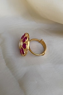 Gold Plated Pink Semi-Precious Stone & Moissanite Polki Ring In Sterling Silver