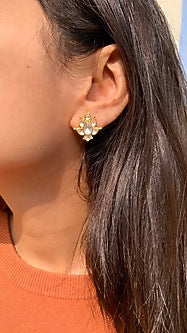 Gold Plated Semi-Precious Stone & Moissanite Polki Stud Earrings In Sterling Silver