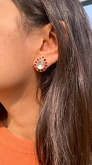 Gold Plated Pink Semi-Precious Stone & Moissanite Polki Stud Earrings In Sterling Silver