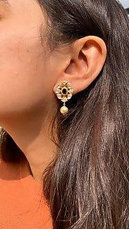 Gold Plated Blue Semi-Precious Stone & Moissanite Polki Stud Earrings In Sterling Silver
